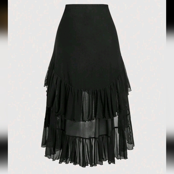 Black Tiered Ruffle Asymmetrical Hem Drawstring Skirt - Picture 4 of 4